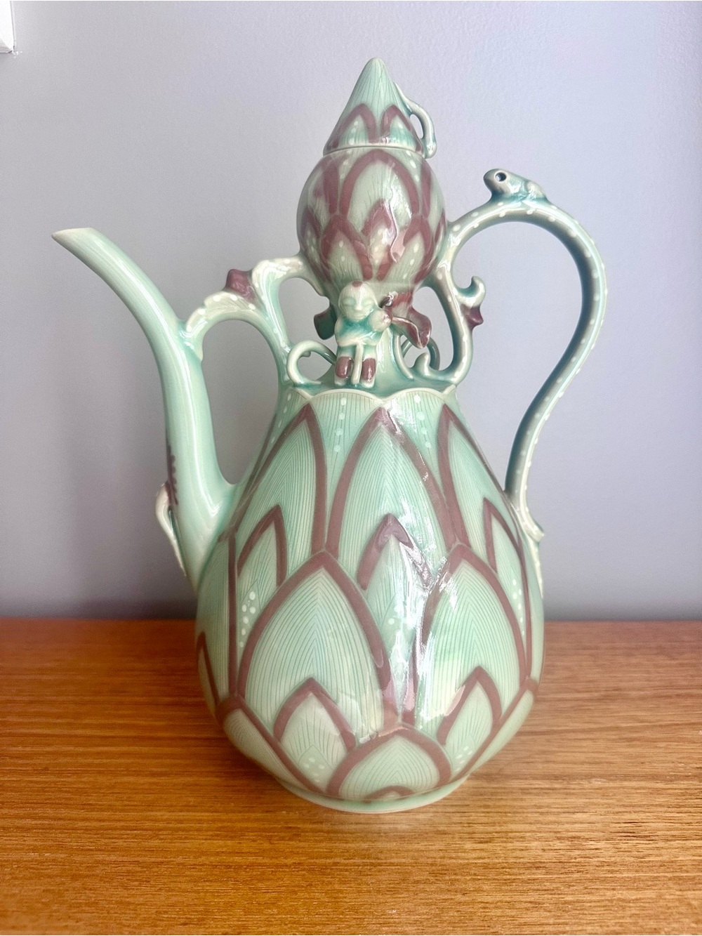 Vintage Korean Celadon Wine Ewer Goryeo Style Lotus Pottery Vessel